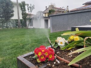 Particola di una piccola aiuola da cui si può scorgere un ugello di erogazione di prodotto antizanzare