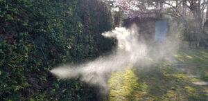 Nella foto si vede una siepe dalla quale esce una nuvoletta di prodotto antizanzare