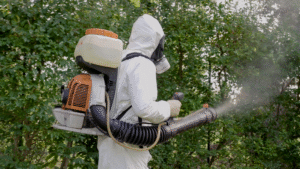Uomo che esegue una disinfestazione zanzare manuale
